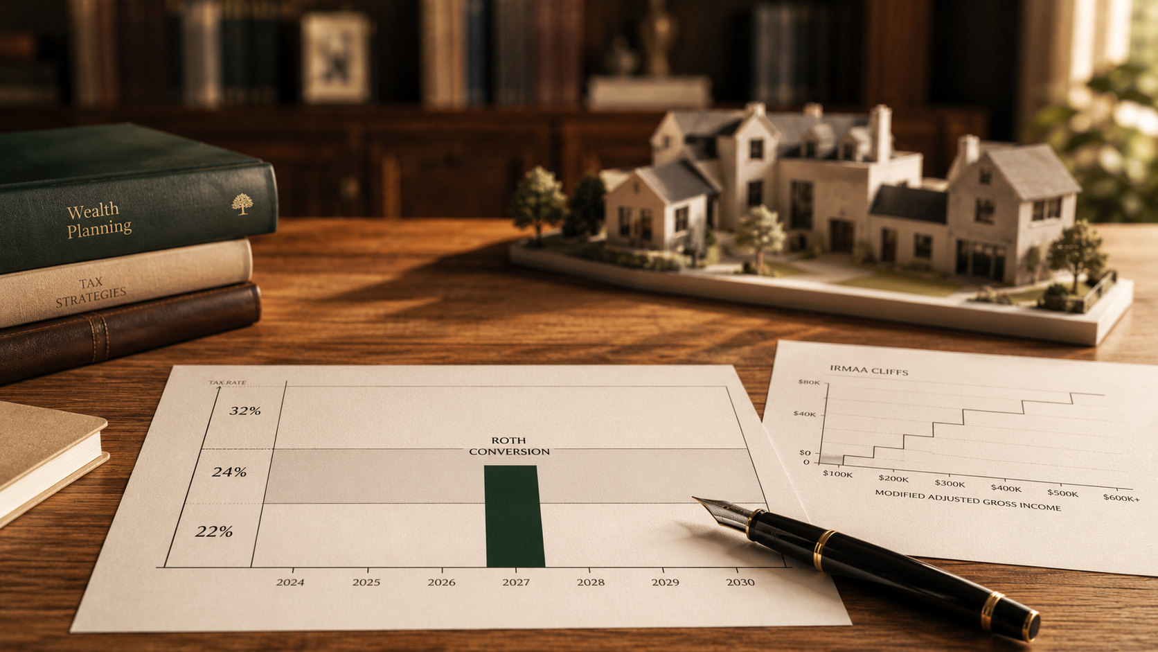 Multi-year tax bracket chart on an oak desk with a Roth conversion bar filling the 24% bracket — illustrating the Bracket-Window Audit framework