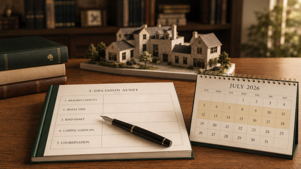 Five-decision tax audit worksheet on an oak desk next to a July 2026 calendar — illustrating the Mid-Year Tax Decision Audit framework