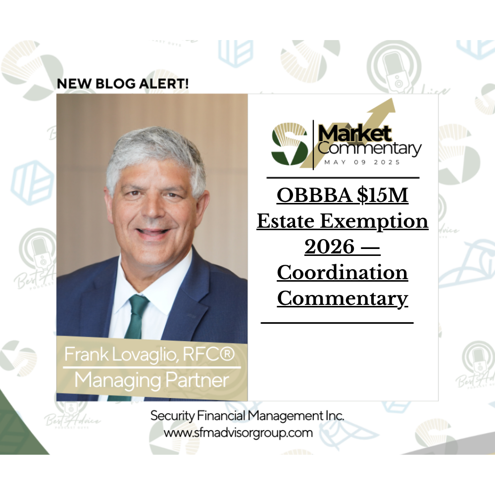 Coordinated estate planning documents fanned across an oak desk with a 2026 federal estate exemption summary card, illustrating OBBBA $15M exemption coordination