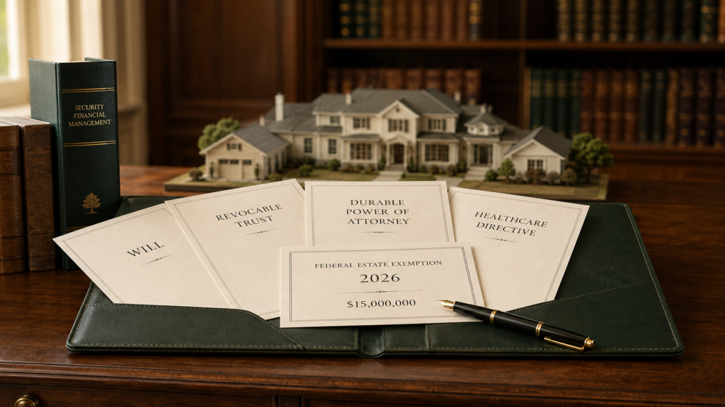 Coordinated estate planning documents fanned across an oak desk with a 2026 federal estate exemption summary card, illustrating OBBBA $15M exemption coordination