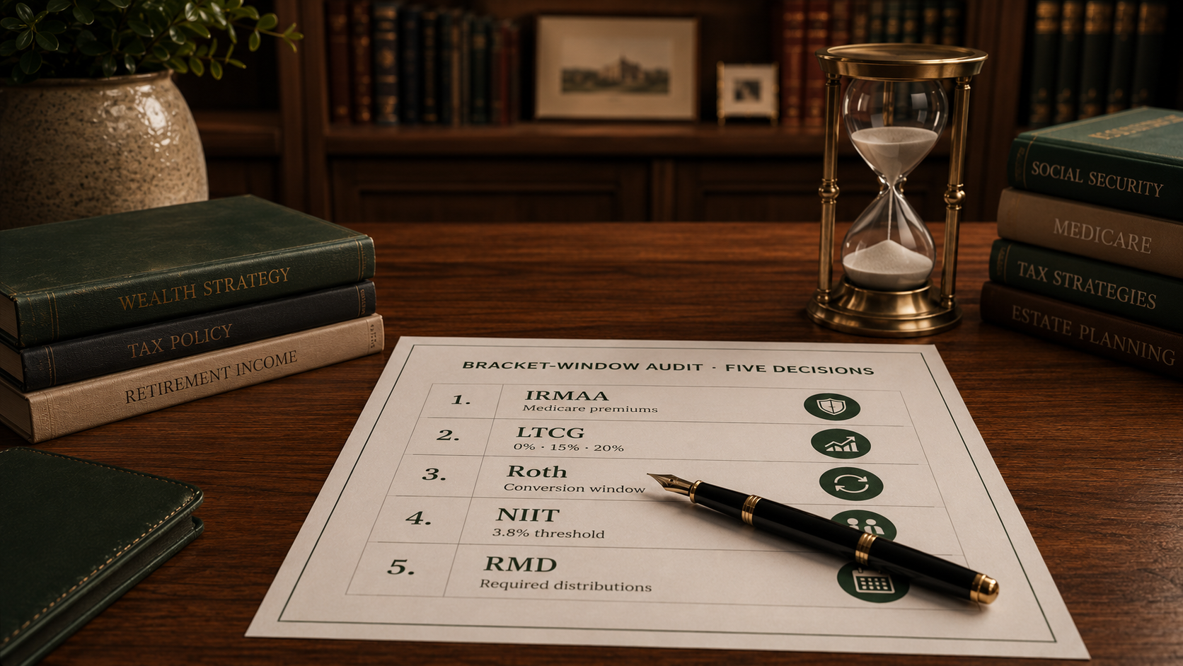 Bracket-Window Audit checklist — five mid-year tax decisions for $1M–$3M households: IRMAA, 0% LTCG, Roth conversion sizing, NIIT drag, RMD onset.