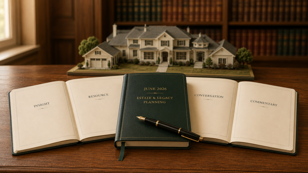 Four monthly journals representing the June 2026 Estate & Legacy Planning content series — Insight, Resource, Conversation, Commentary — arranged on an oak desk