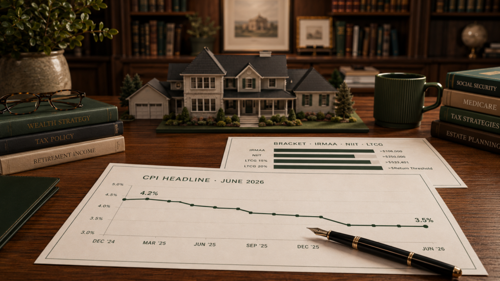 Mid-year tax strategy chart — June 2026 CPI headline dropping from 4.2% to 3.5% next to the five-cliff coordination stack