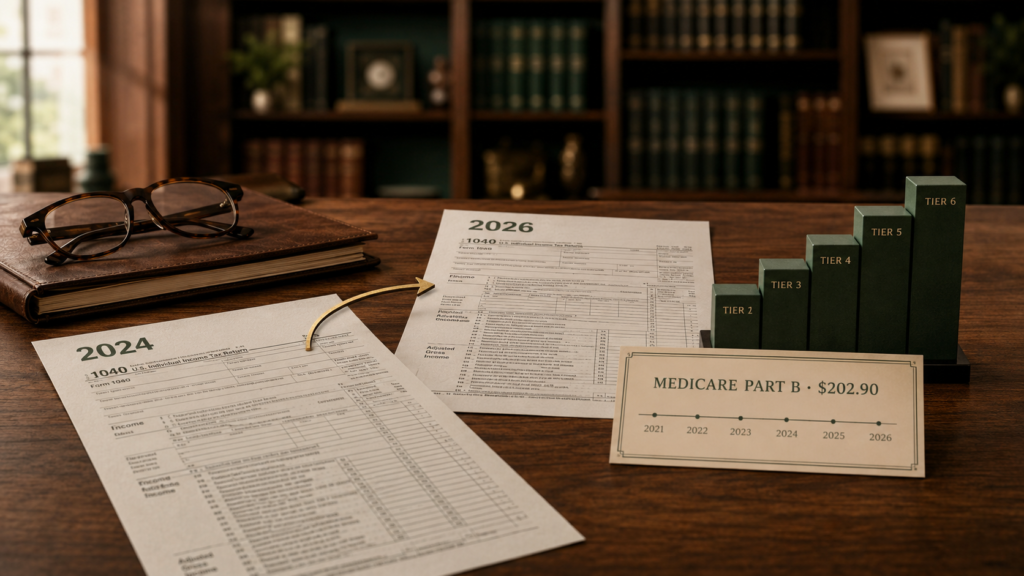 Medicare planning two-year lookback — a 2024 tax return connected by an arrow to a 2026 Medicare Part B premium of $202.90 across six IRMAA tiers