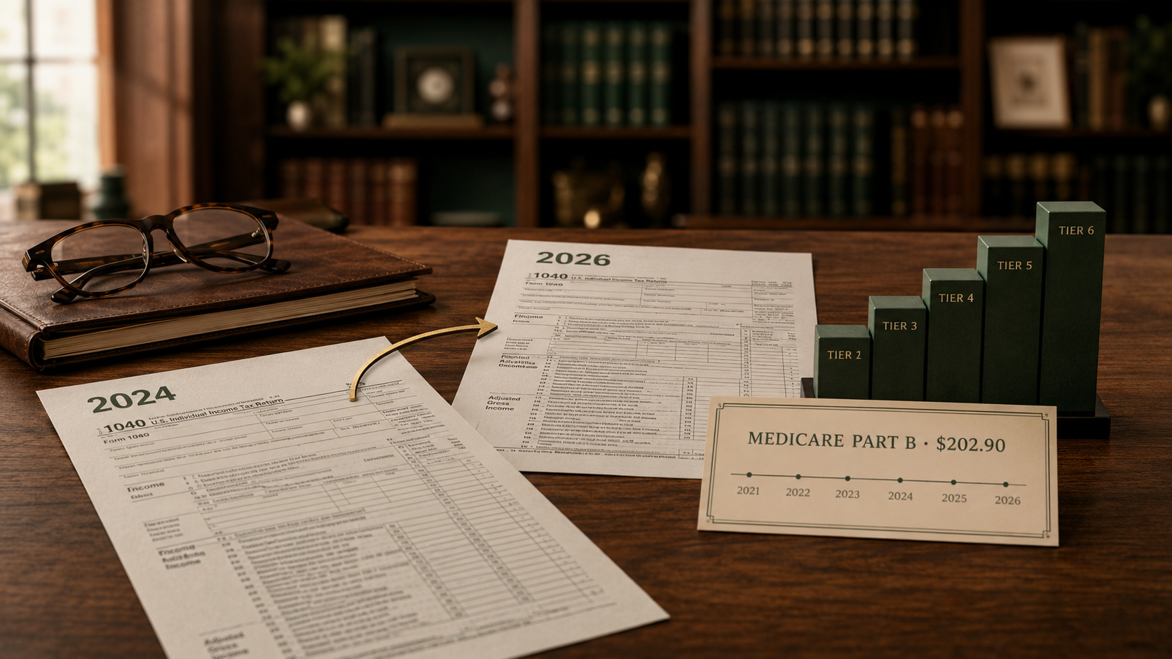 Medicare planning two-year lookback — a 2024 tax return connected by an arrow to a 2026 Medicare Part B premium of $202.90 across six IRMAA tiers