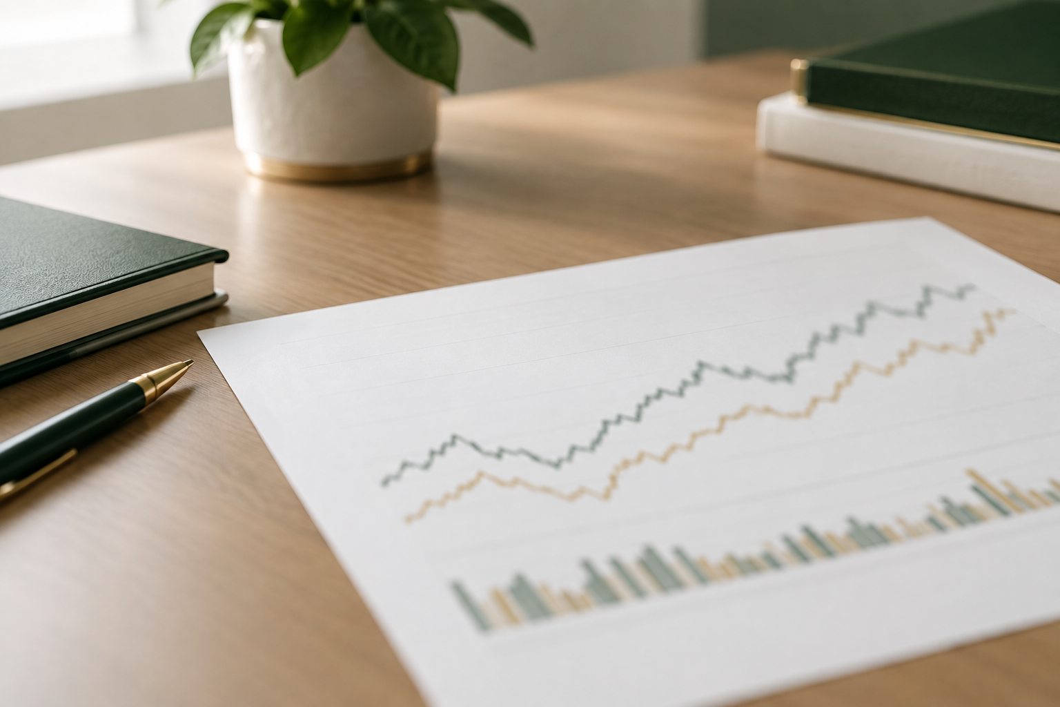 Financial market chart on a desk in a softly lit professional office, with green and gold lines, a notebook, and pen.