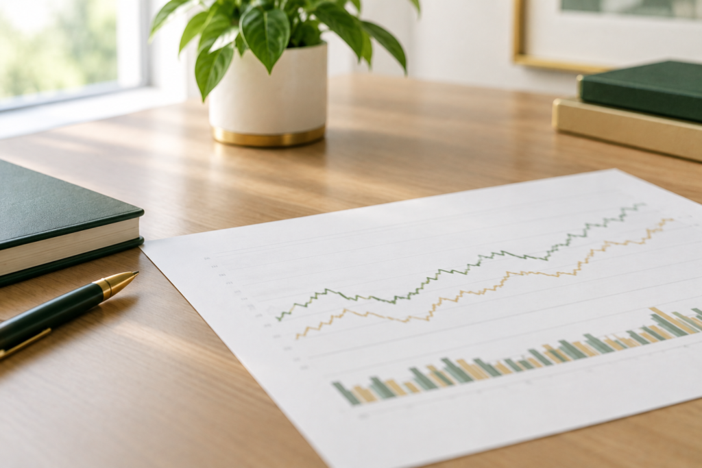 Financial market chart on a desk in a softly lit professional office, with green and gold lines, a notebook, and pen.