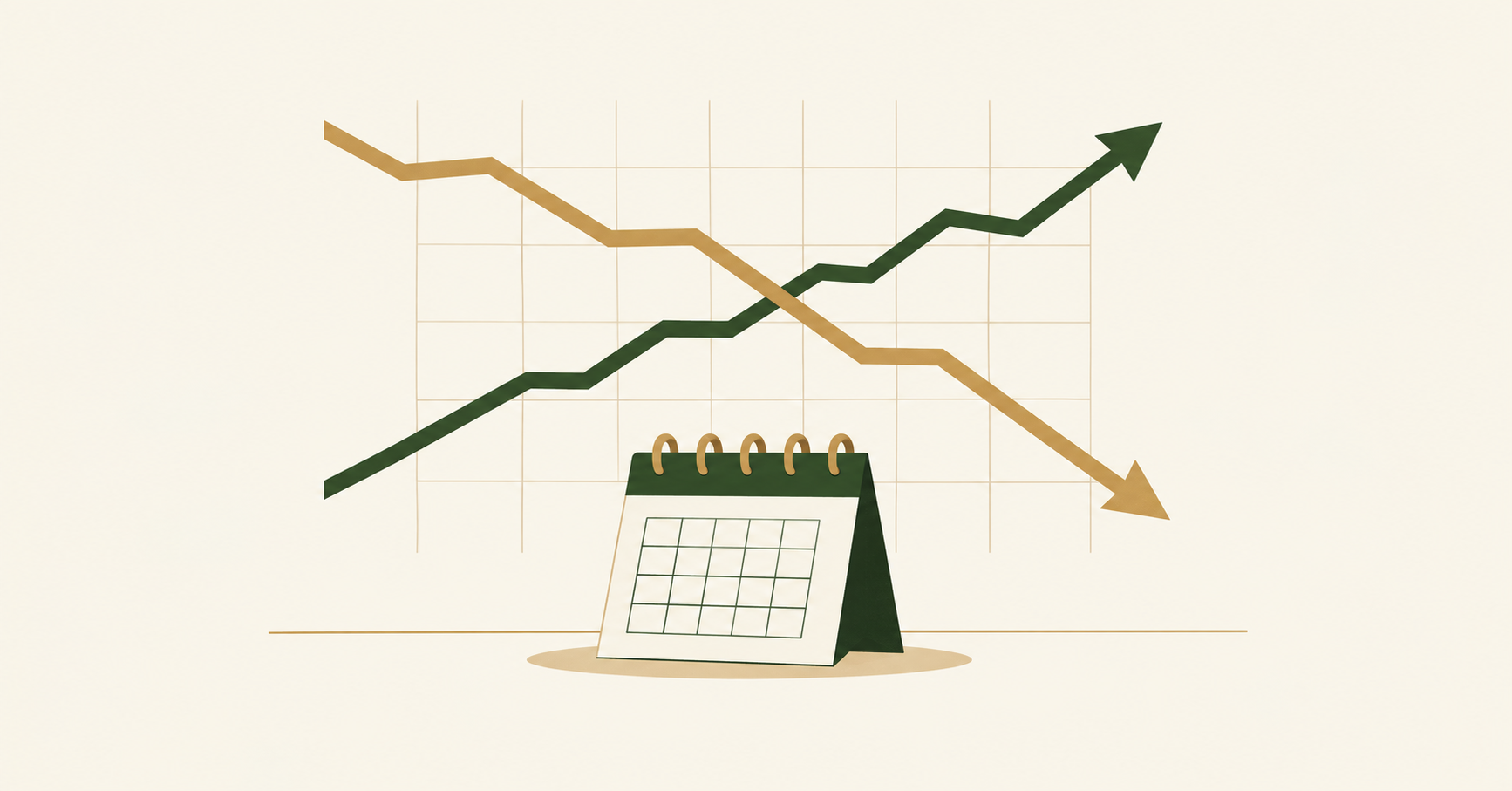 Abstract illustration of rising and falling market lines above a fixed calendar, representing Medicare timing that does not move with markets