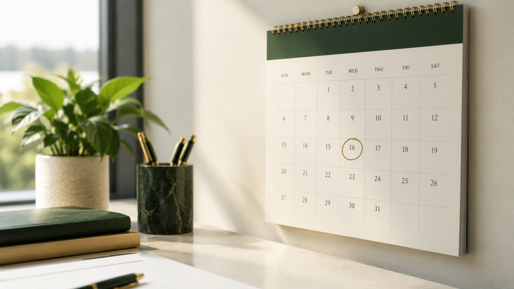 Professional office desk with a calendar highlighting an important date