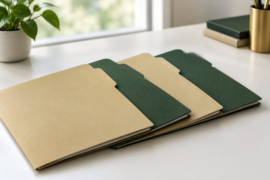 Four closed green and manila document folders arranged neatly on a white desk in a softly lit professional workspace.