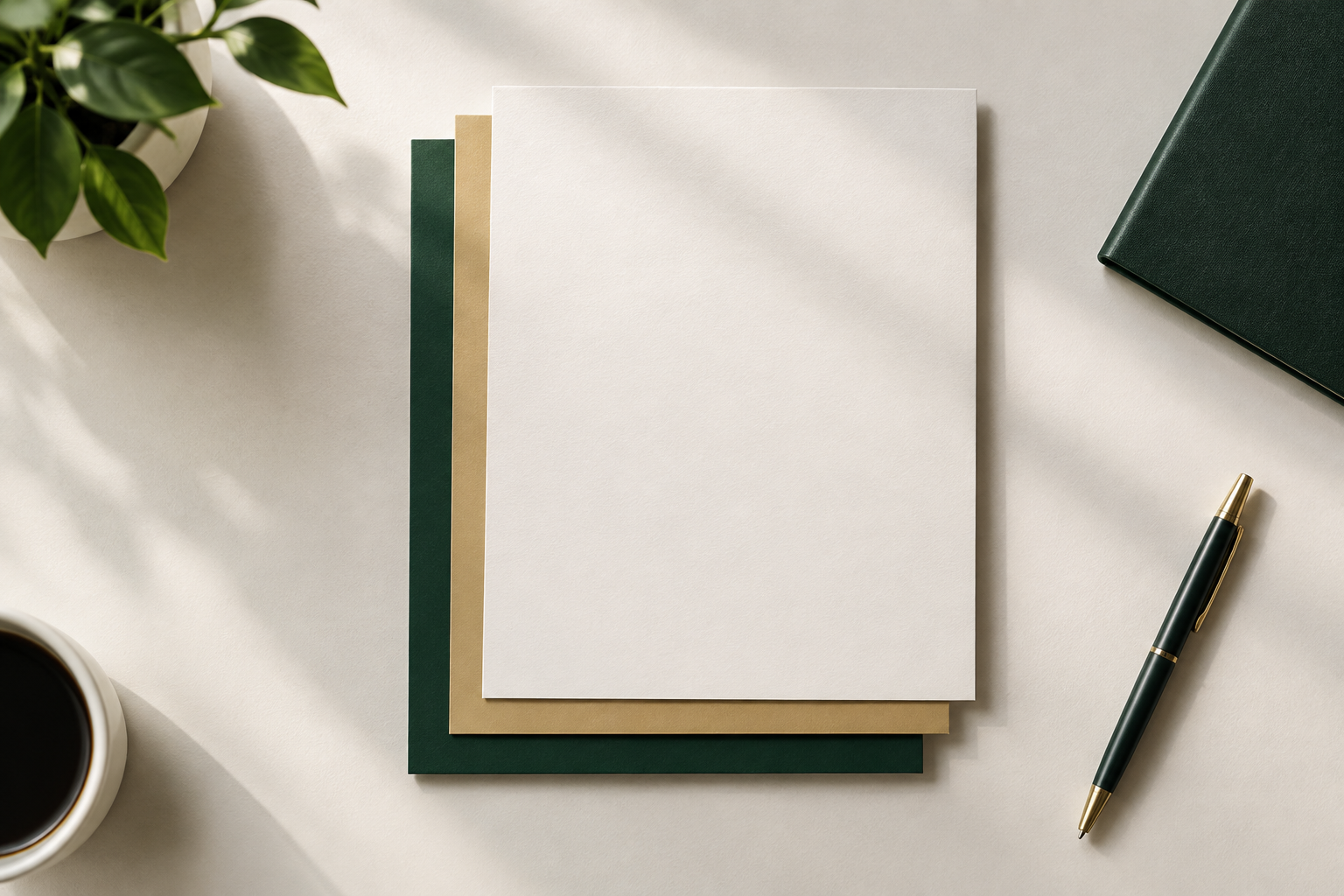 Several sheets of paper layered into one neat stack on a desk