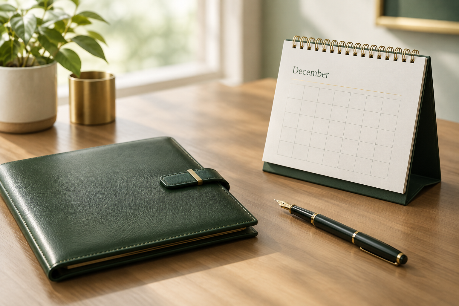 A closed leather folio, a fountain pen and a desk calendar turned to December