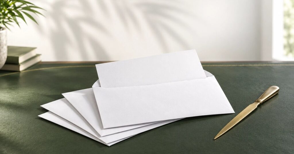 Four blank white envelopes on a green leather desk blotter beside a brass letter opener