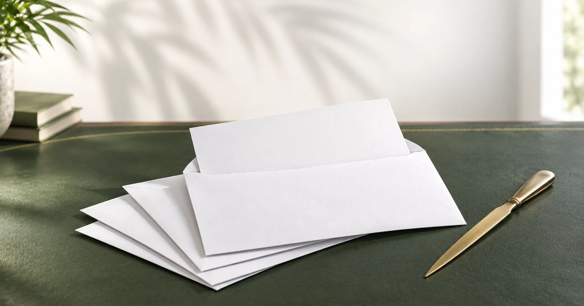 Four blank white envelopes on a green leather desk blotter beside a brass letter opener